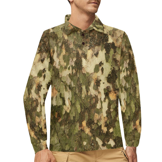 Camo Realistic Tree Texture Print Long Sleeve Polo Shirt For Men's