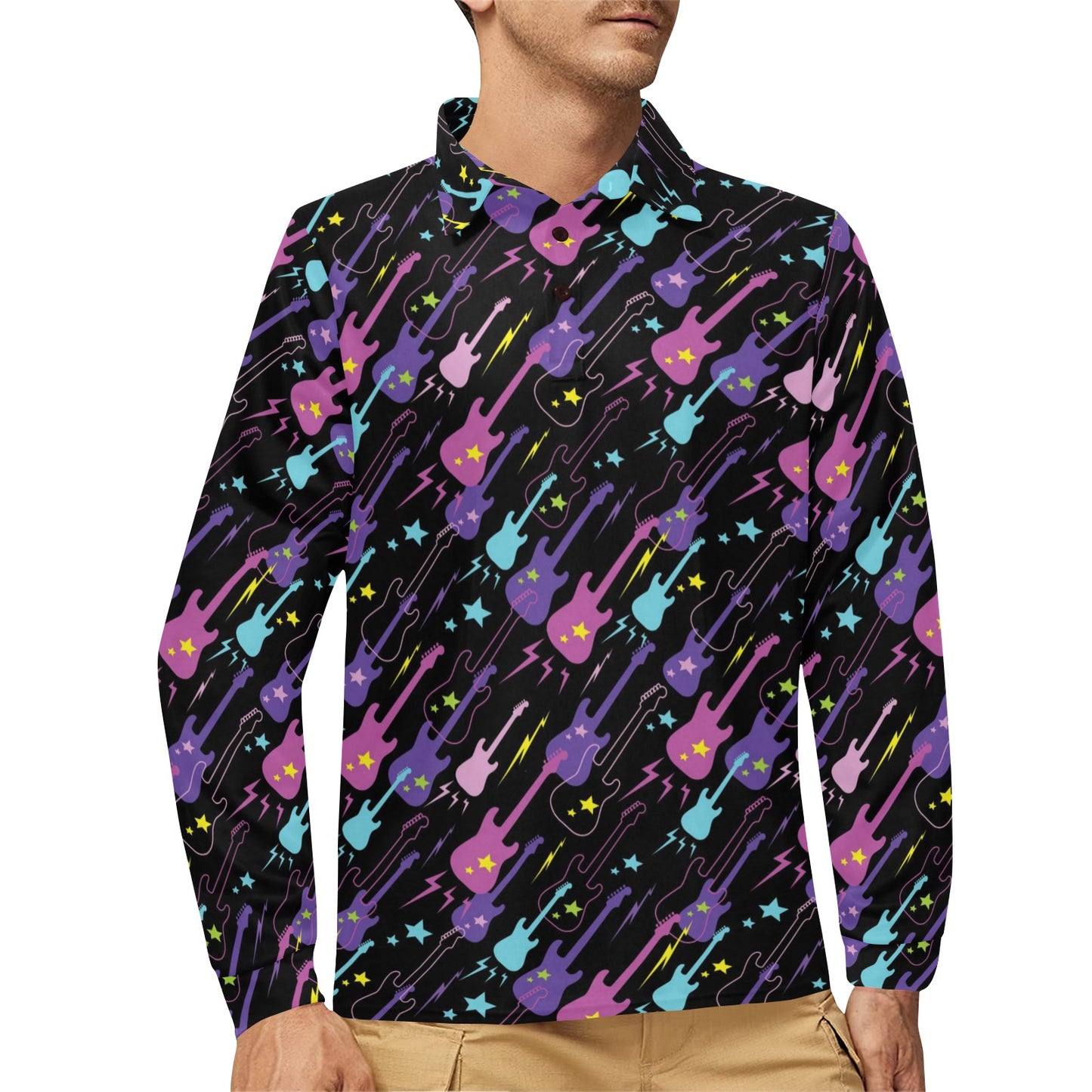 Electric Guitar Pattern Print Design 02 Long Sleeve Polo Shirt For Men's