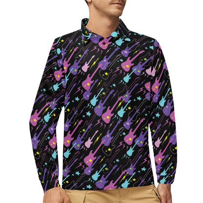 Electric Guitar Pattern Print Design 02 Long Sleeve Polo Shirt For Men's