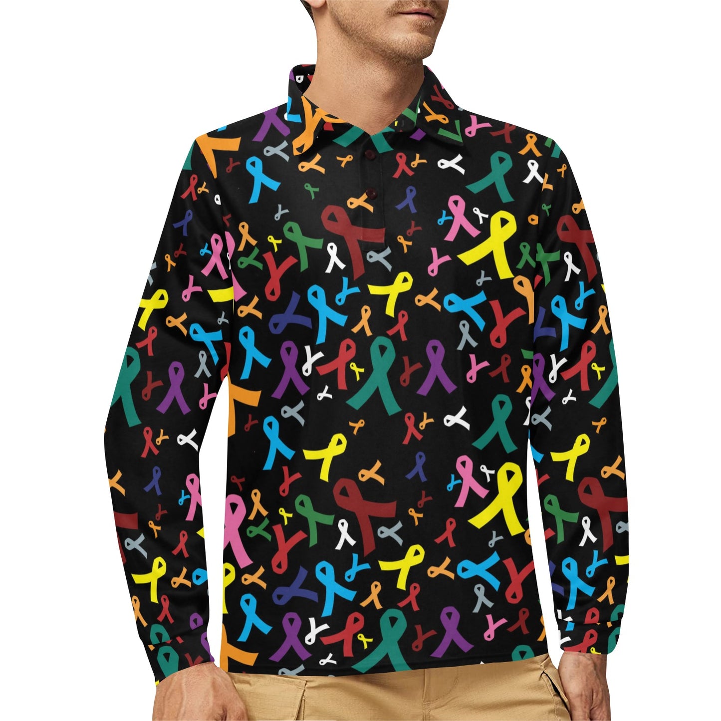 Cancer Awareness Pattern Print Design 03 Long Sleeve Polo Shirt For Men's