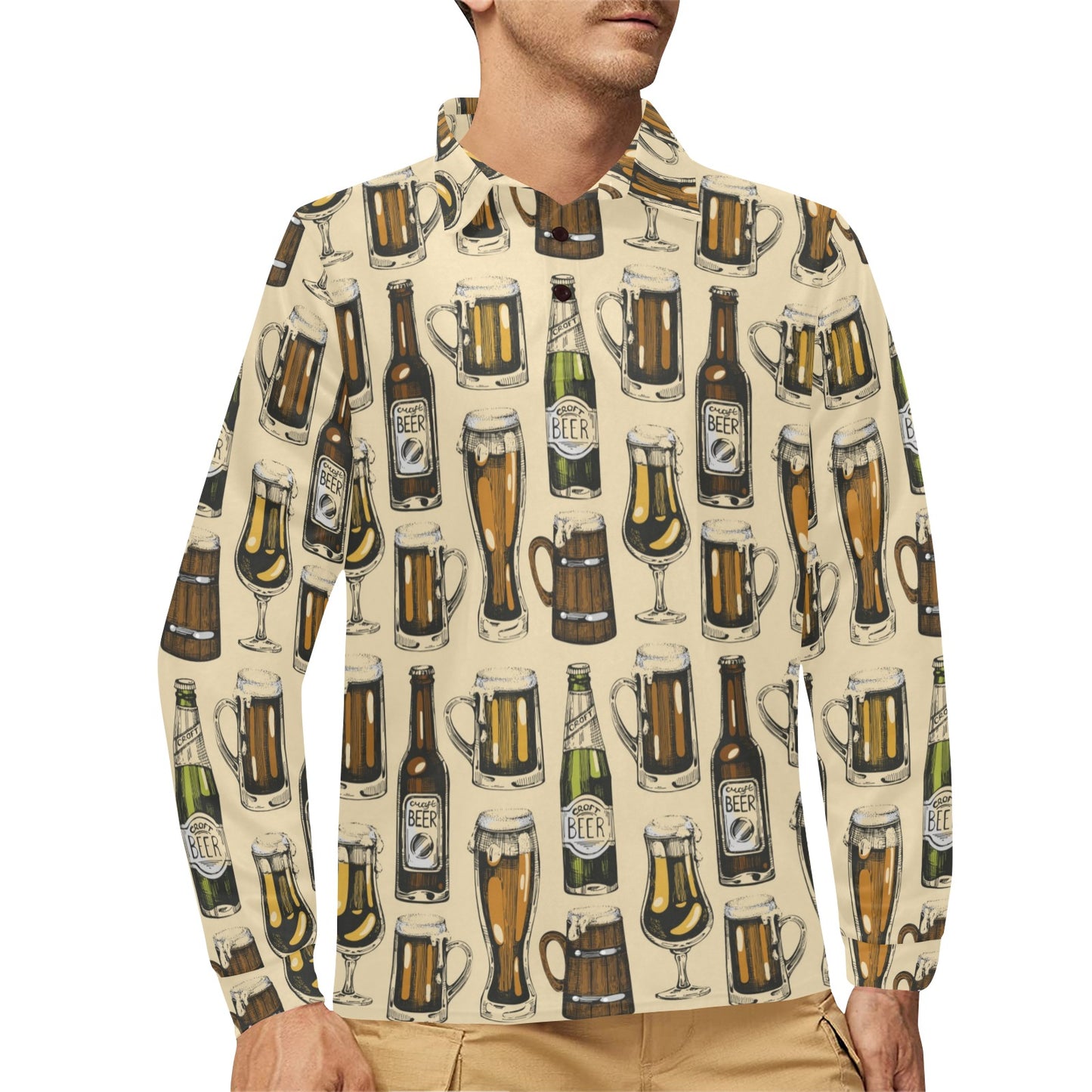 Beer Pattern Print Design 04 Long Sleeve Polo Shirt For Men's