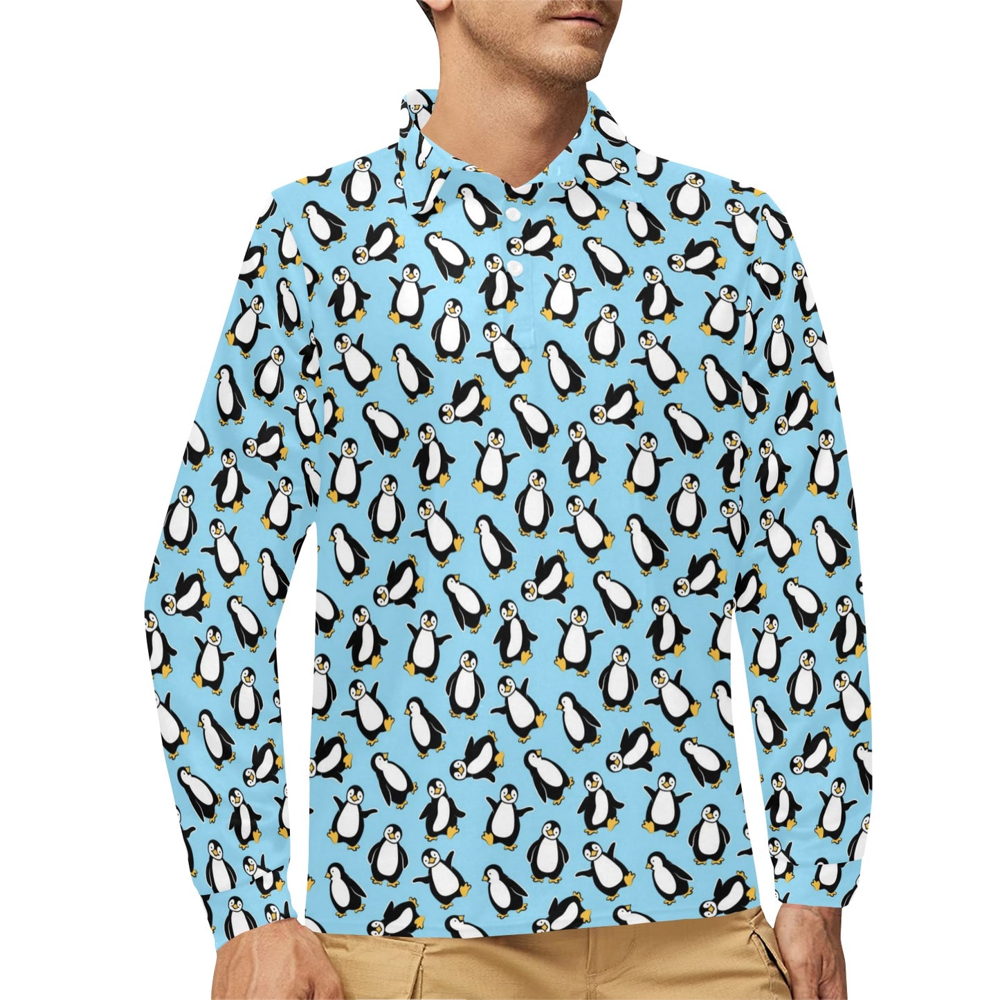 Penguin Happy Print Long Sleeve Polo Shirt For Men's