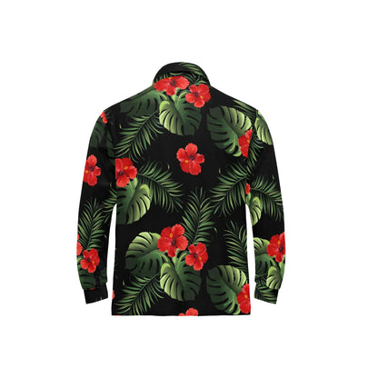 Red Hibiscus Tropical Long Sleeve Polo Shirt For Men's