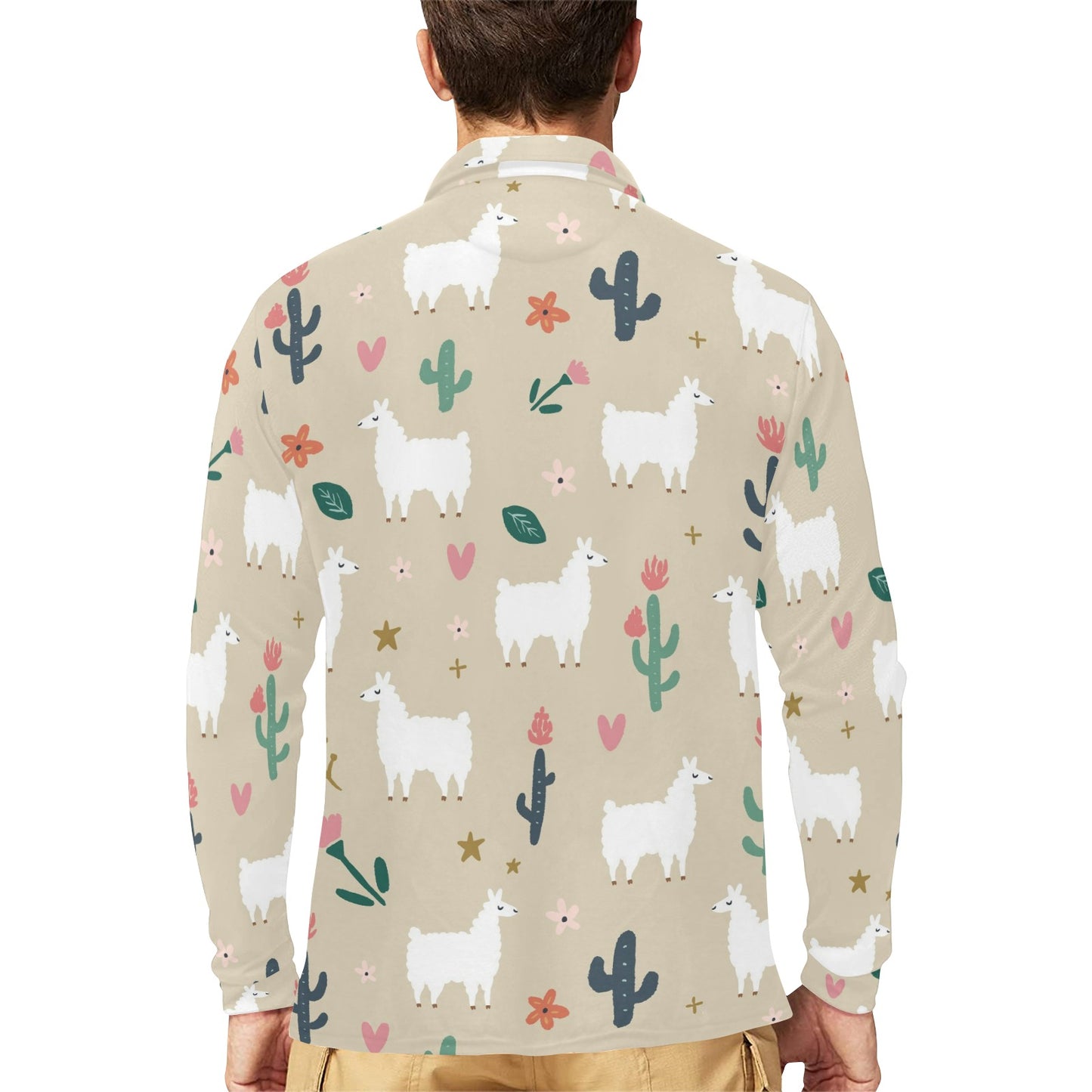 Llama Cactus Pattern Print Design 09 Long Sleeve Polo Shirt For Men's