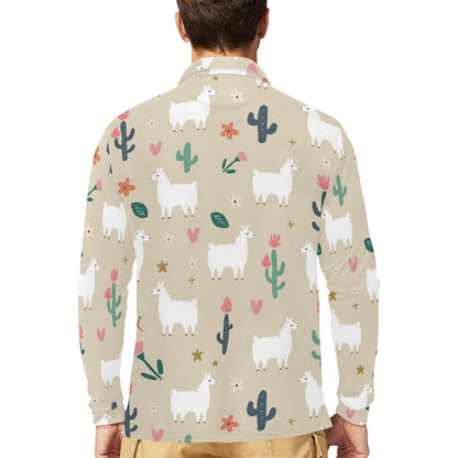 Llama Cactus Pattern Print Design 09 Long Sleeve Polo Shirt For Men's