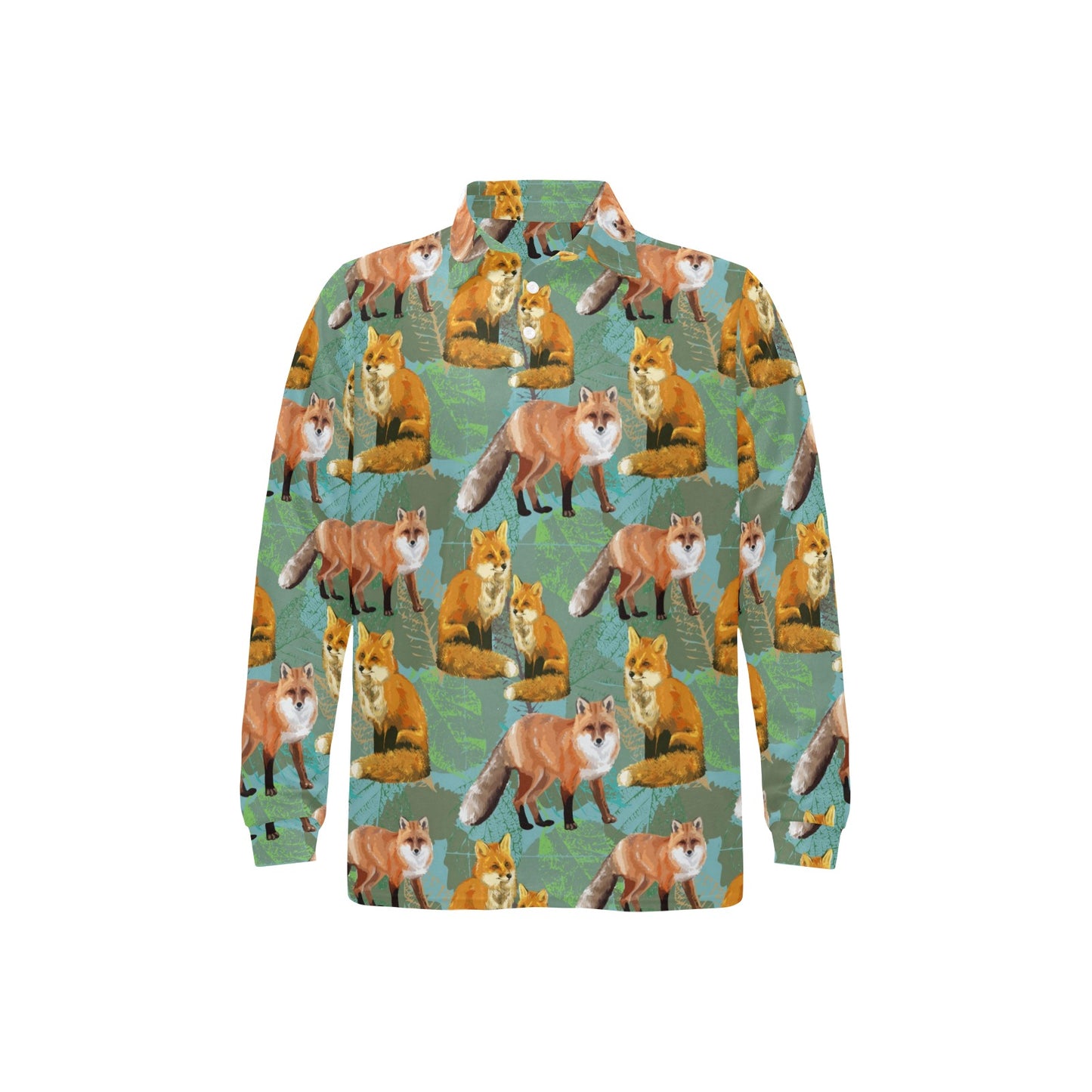 Fox Autumn leaves Themed Long Sleeve Polo Shirt For Men's