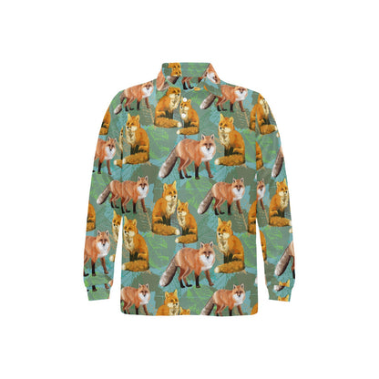 Fox Autumn leaves Themed Long Sleeve Polo Shirt For Men's