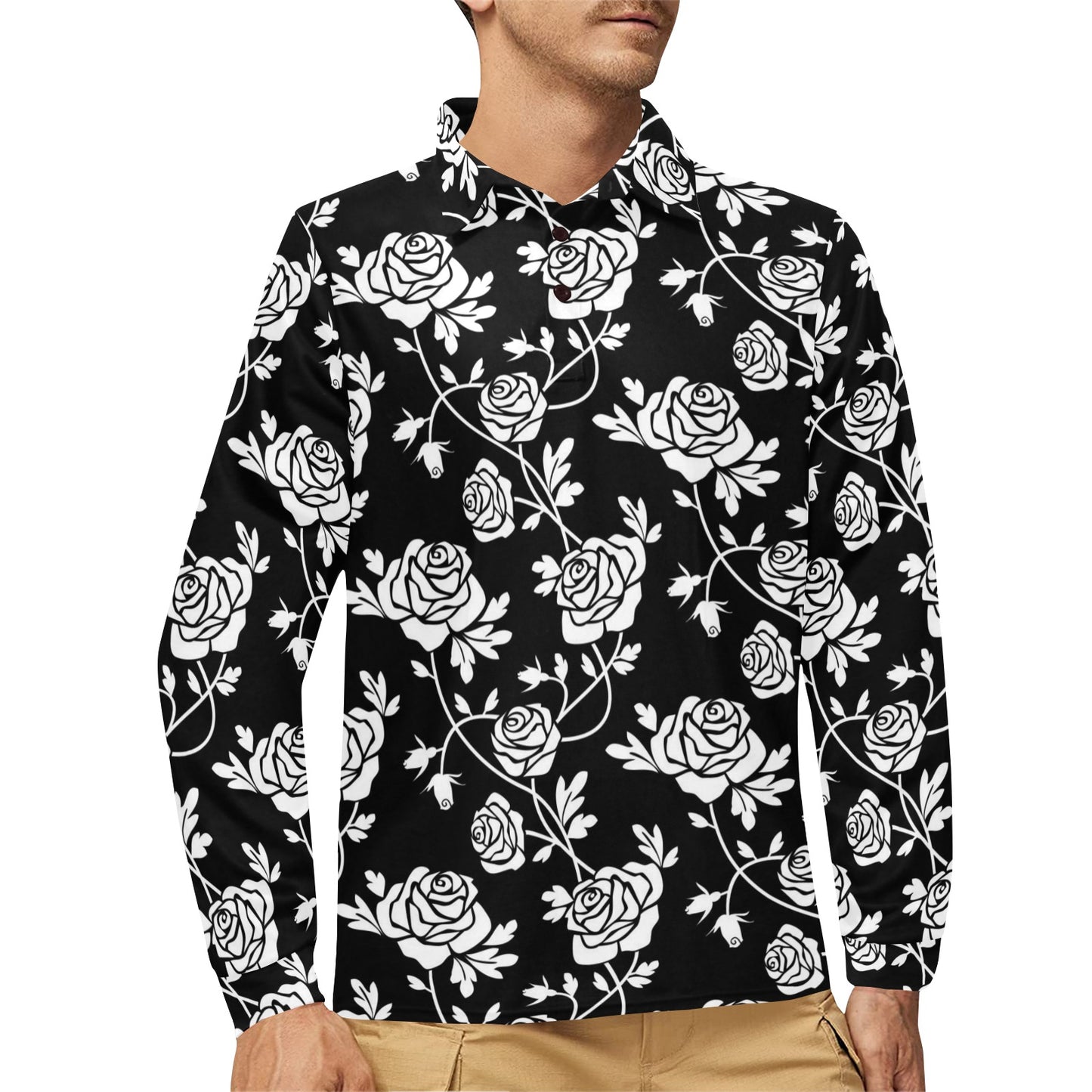 Rose Pattern Print Design RO013 Long Sleeve Polo Shirt For Men's