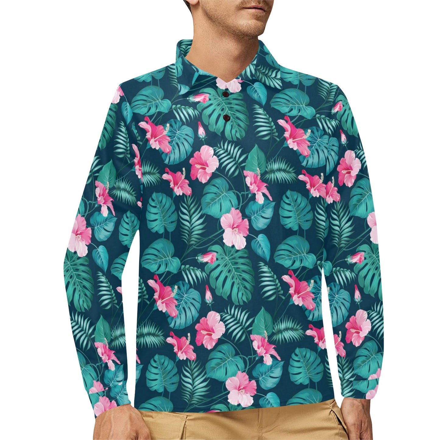 Summer Floral Print Design LKS301 Long Sleeve Polo Shirt For Men's