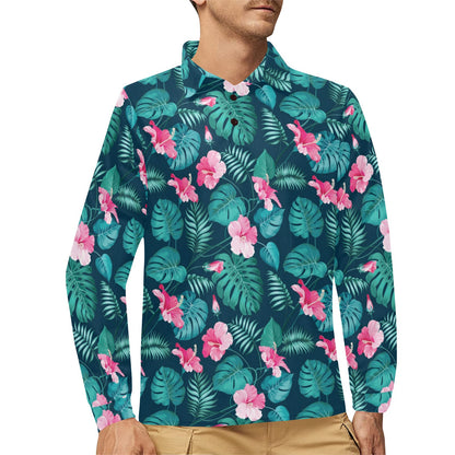 Summer Floral Print Design LKS301 Long Sleeve Polo Shirt For Men's