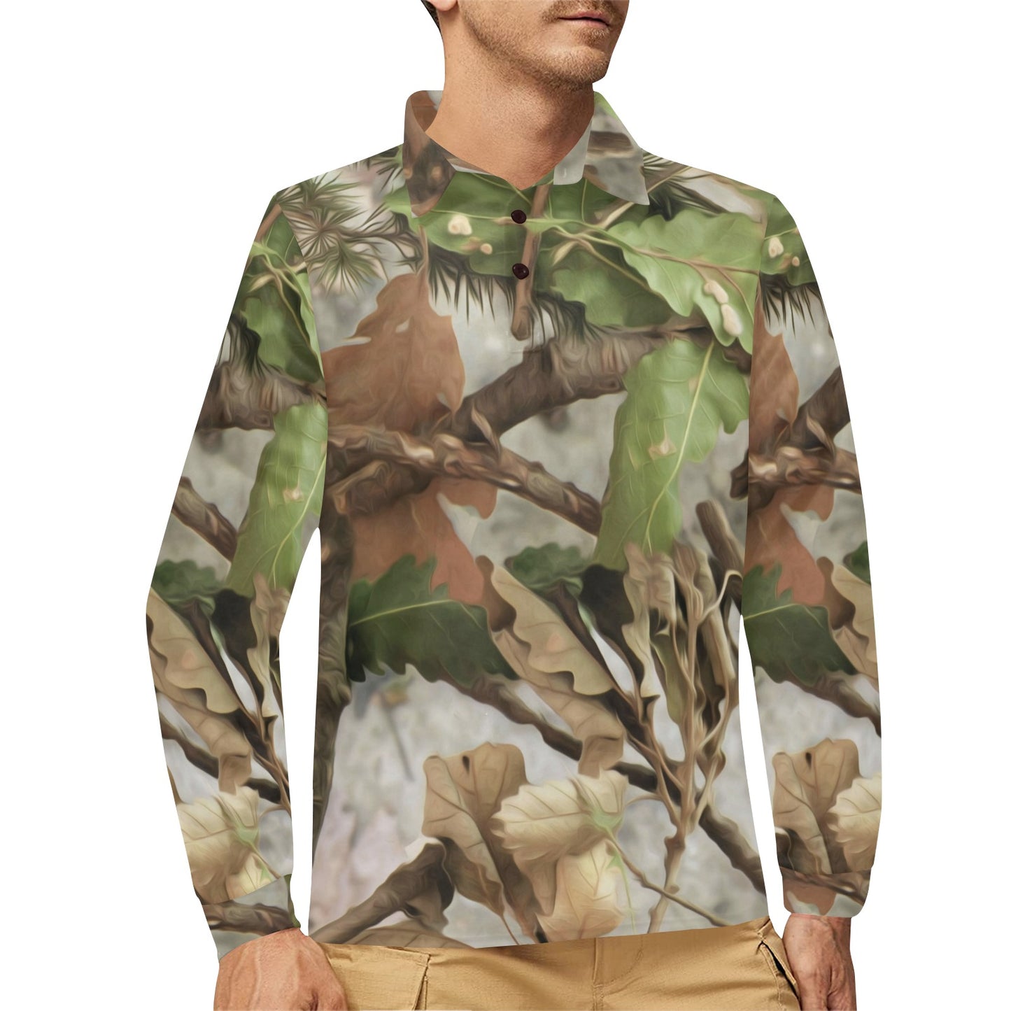 Camo Realistic Tree Forest Print Long Sleeve Polo Shirt For Men's