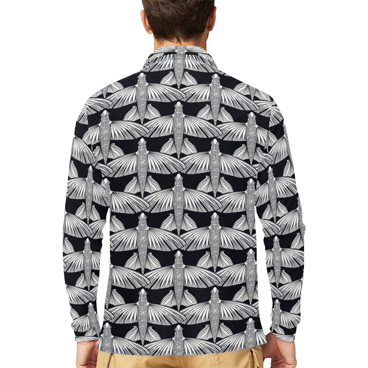 Flying Fish Pattern Print Design 03 Long Sleeve Polo Shirt For Men's