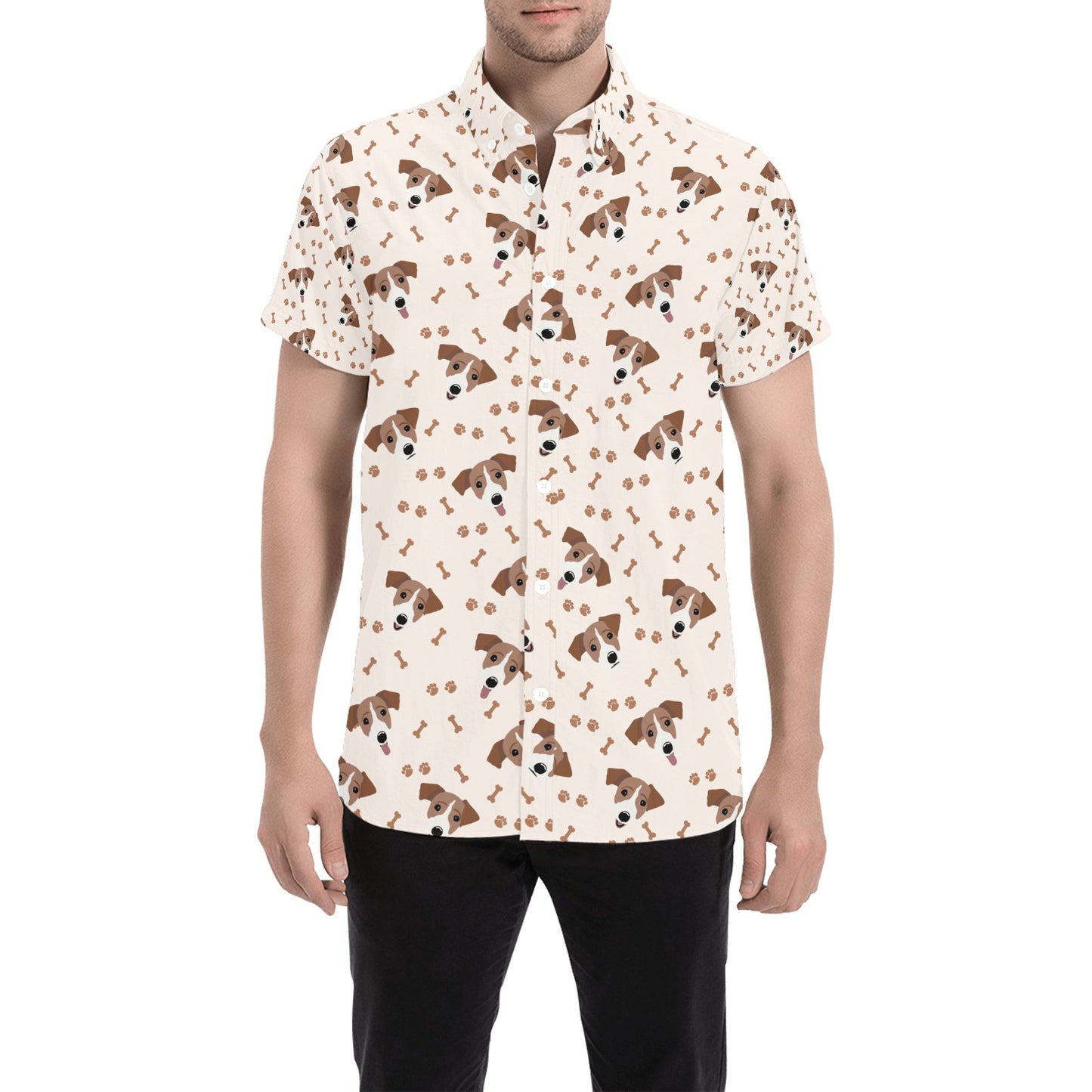 Russell Terriers Paw Print Design LKS303 Men Short Sleeve Button Up Shirt