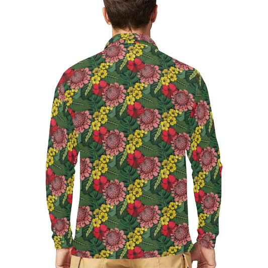 Summer Floral Print Design LKS305 Long Sleeve Polo Shirt For Men's