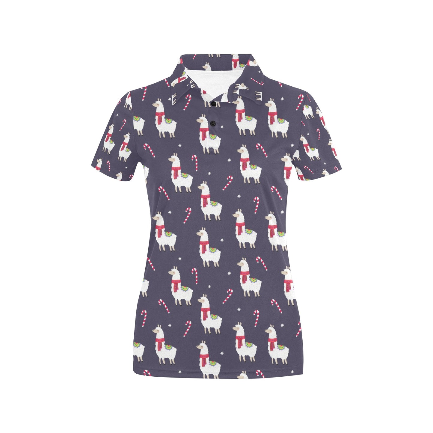 Llama with Candy Cane Themed Print Women's Polo Shirt