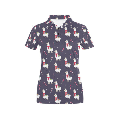Llama with Candy Cane Themed Print Women's Polo Shirt