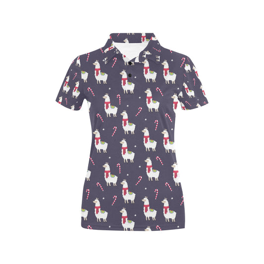 Llama with Candy Cane Themed Print Women's Polo Shirt