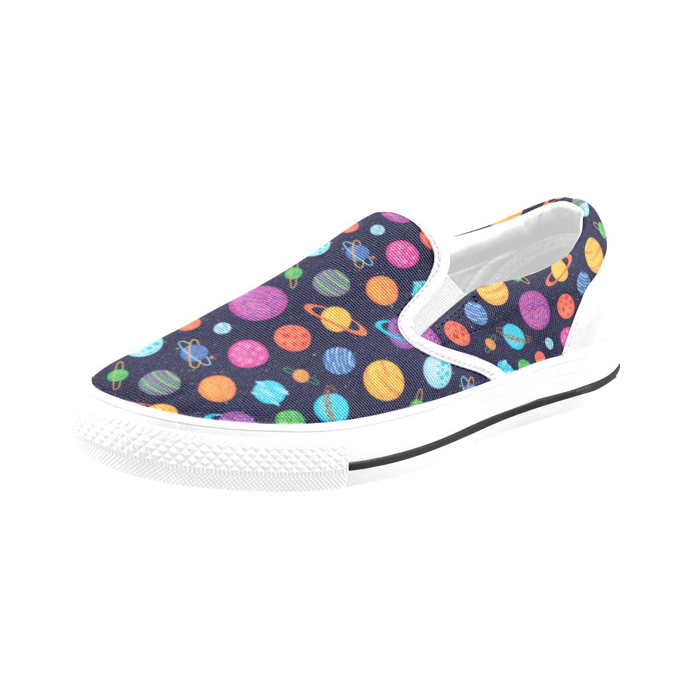 Planet Multicolor Print Design LKS302 White Slip Ons Canvas Women's Shoes