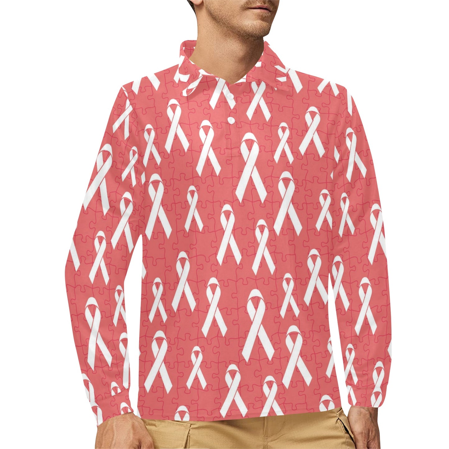 Autism Awareness Ribbon Design Print Long Sleeve Polo Shirt For Men's