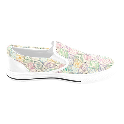 Travel Stamp Print Design LKS303 White Slip Ons Canvas Women's Shoes