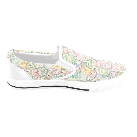 Travel Stamp Print Design LKS303 White Slip Ons Canvas Women's Shoes