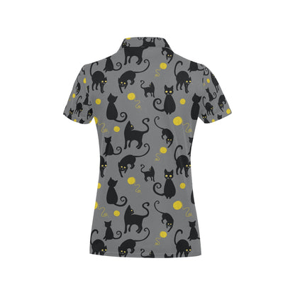 Black Cat Yellow Yarn Print Pattern Women's Polo Shirt