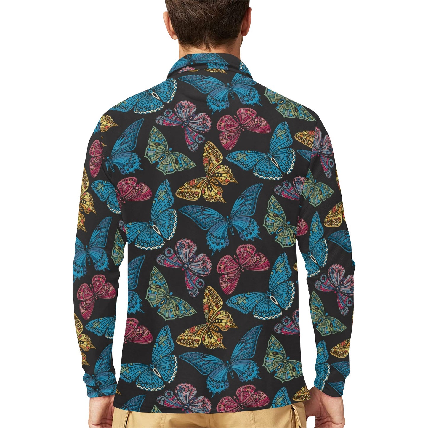 Butterfly Mandala Style Long Sleeve Polo Shirt For Men's