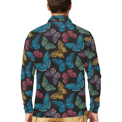 Butterfly Mandala Style Long Sleeve Polo Shirt For Men's