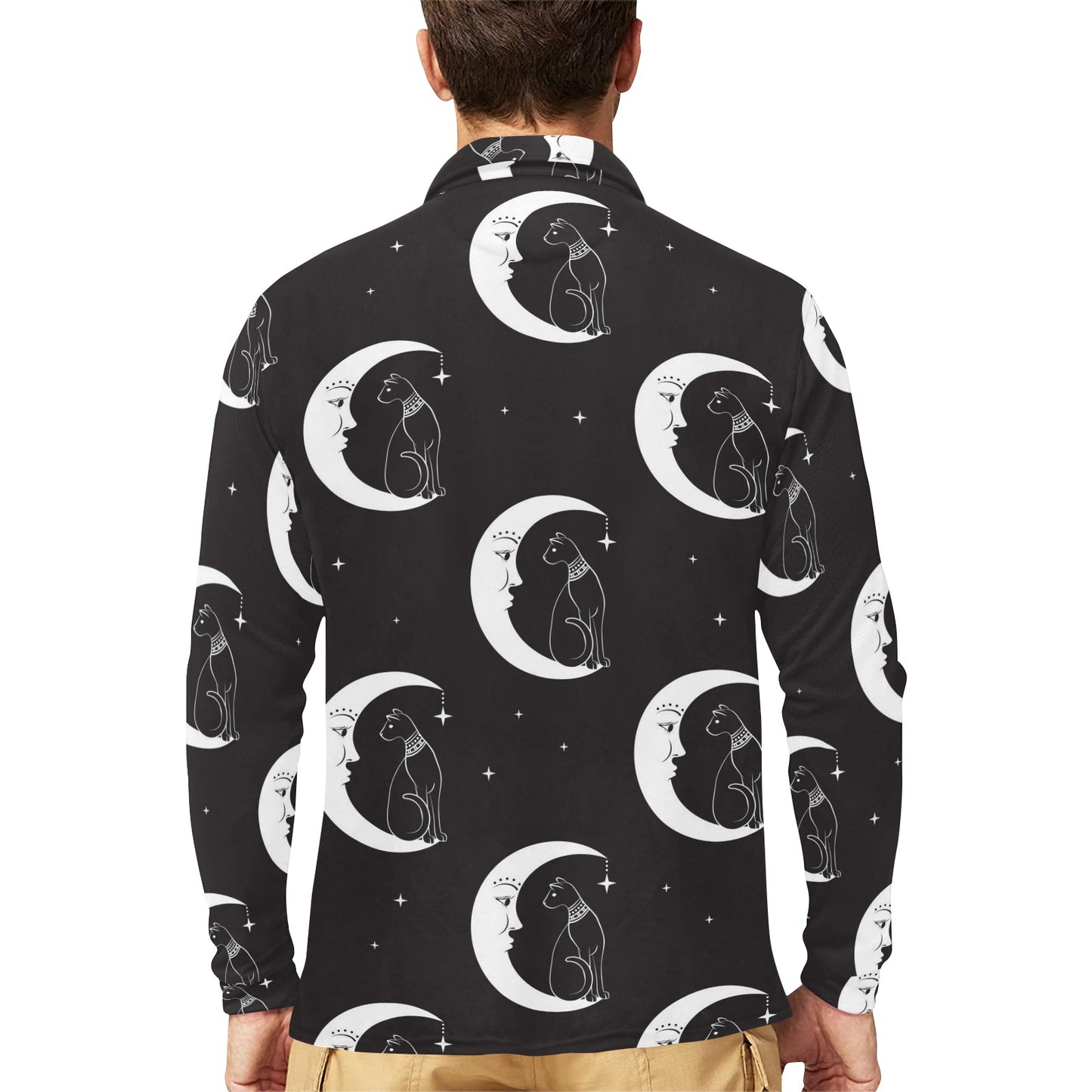 Moon with Cat Pattern Print Design 04 Long Sleeve Polo Shirt For Men's