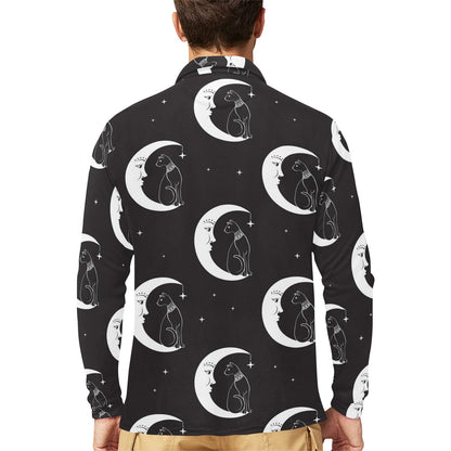 Moon with Cat Pattern Print Design 04 Long Sleeve Polo Shirt For Men's