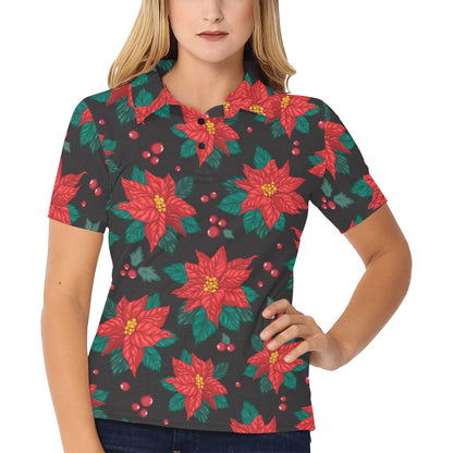 Poinsettia Pattern Print Design POT07 Women's Polo Shirt