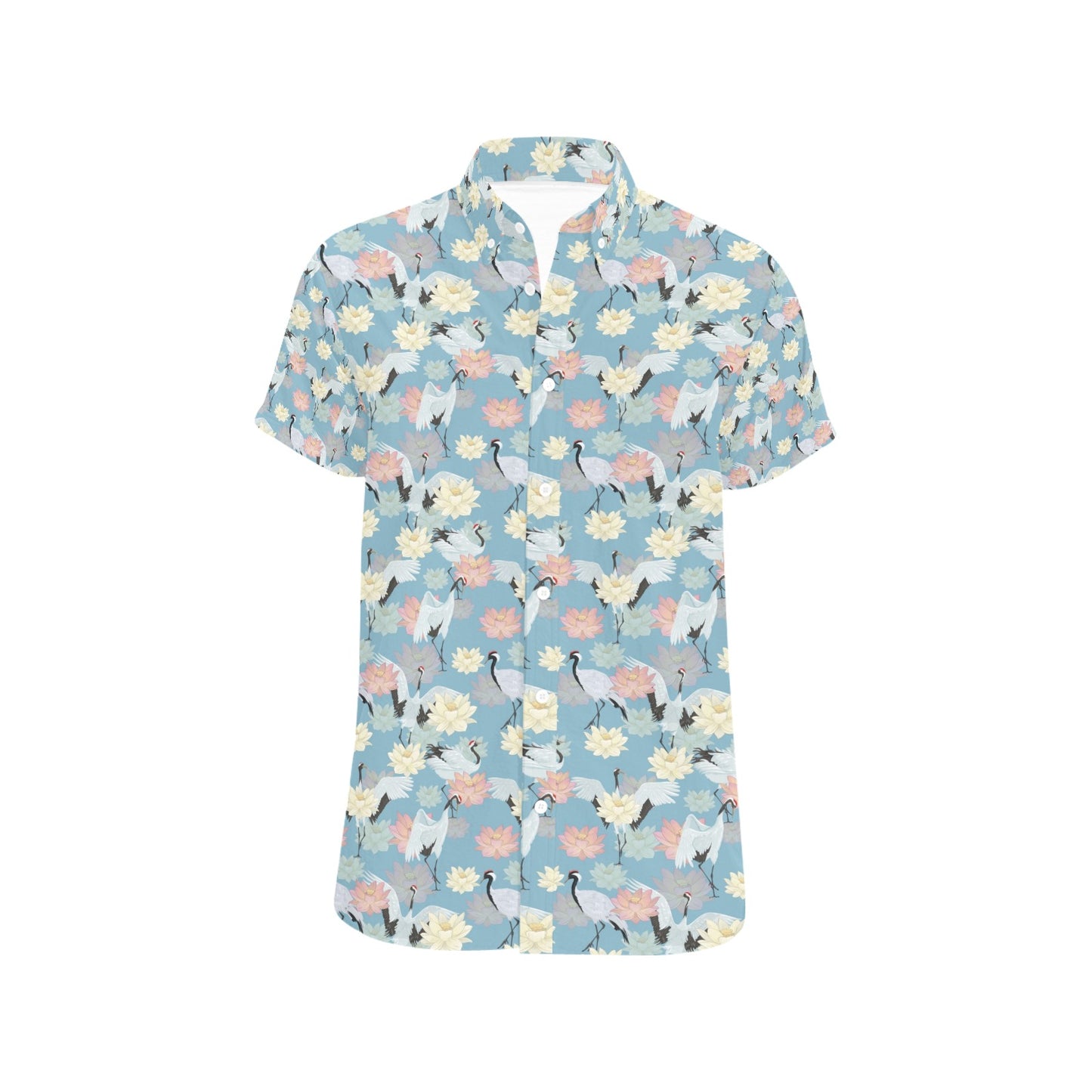 Water Lily Print Design LKS304 Men Short Sleeve Button Up Shirt