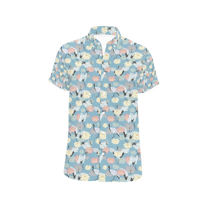 Water Lily Print Design LKS304 Men Short Sleeve Button Up Shirt