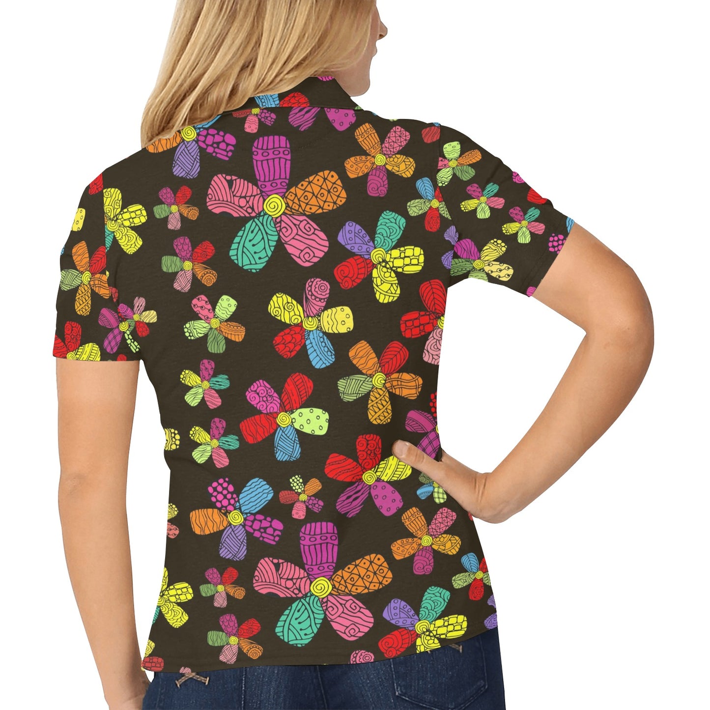 Flower Power Colorful Print Pattern Women's Polo Shirt