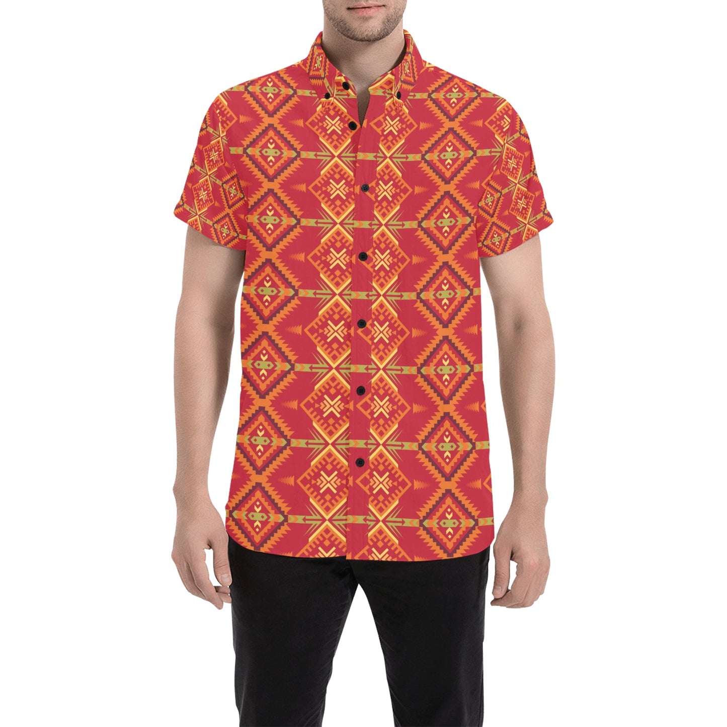Southwest Pattern Print Design LKS305 Men Short Sleeve Button Up Shirt