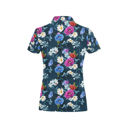 Floral Blue Themed Print Women's Polo Shirt