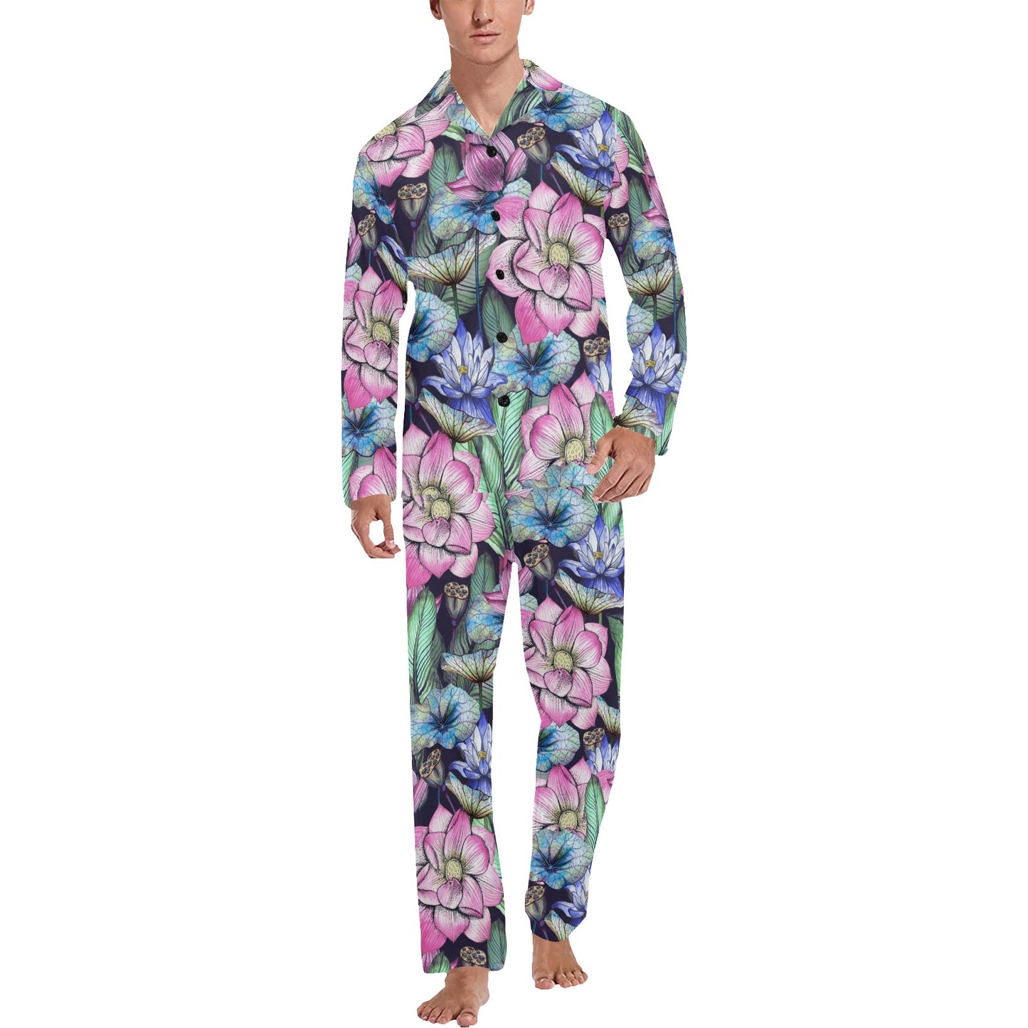 Water Lily Pattern Print Design WL07 Men's Long Pajama Set