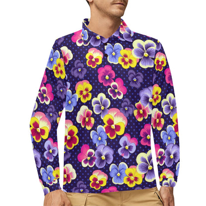 Pansy Pattern Print Design PS04 Long Sleeve Polo Shirt For Men's