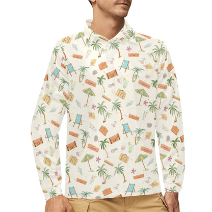 Beach Themed Pattern Print Design 05 Long Sleeve Polo Shirt For Men's