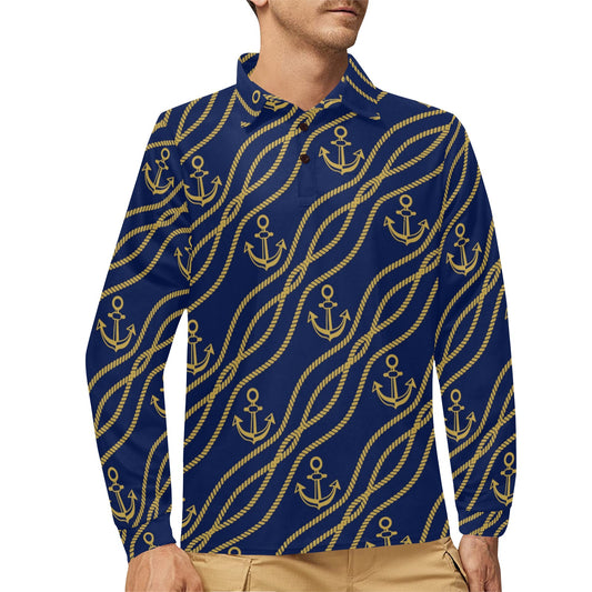 Nautical Anchor Rope Pattern Long Sleeve Polo Shirt For Men's