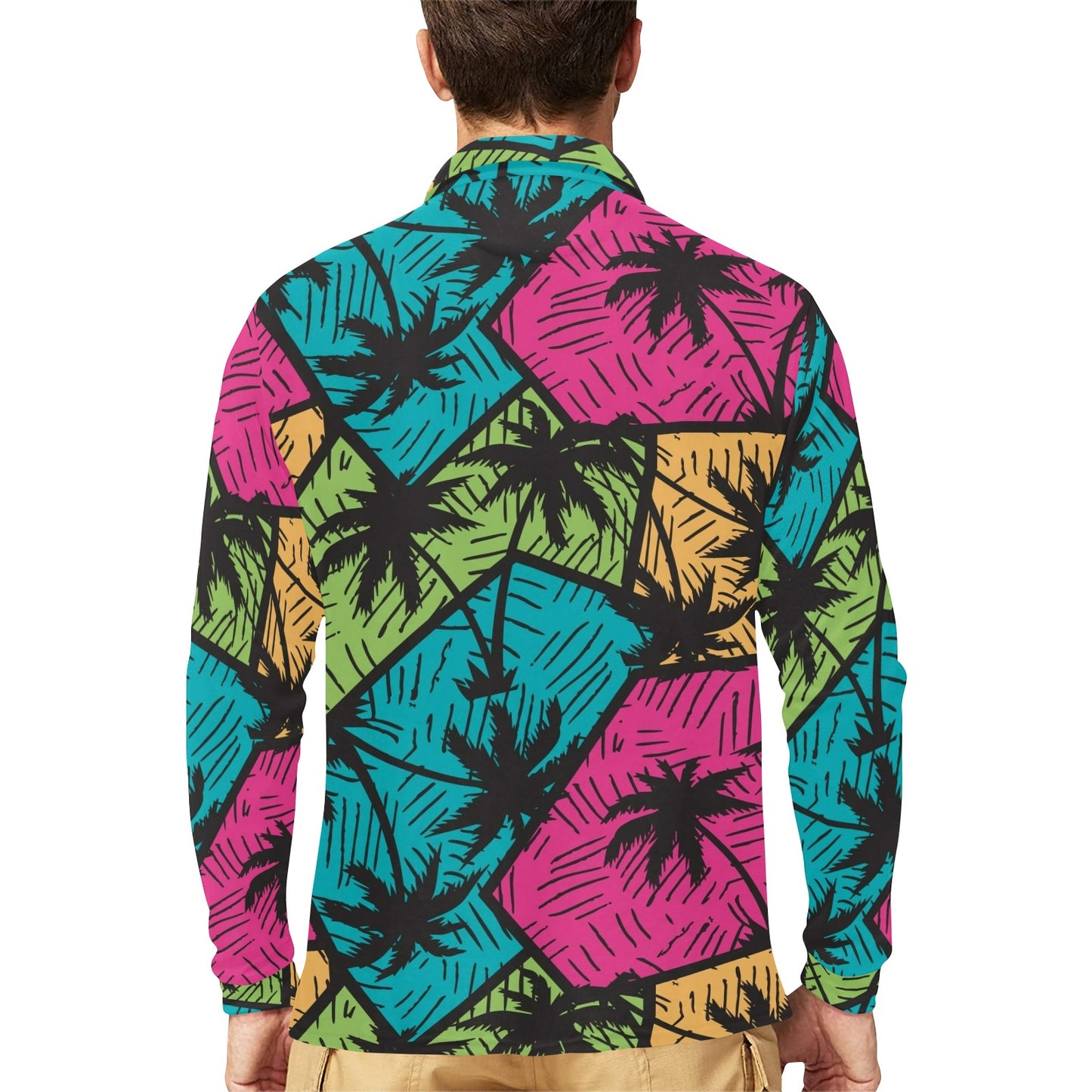 Palm Tree Pattern Print Design PT09 Long Sleeve Polo Shirt For Men's