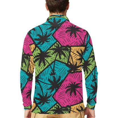 Palm Tree Pattern Print Design PT09 Long Sleeve Polo Shirt For Men's