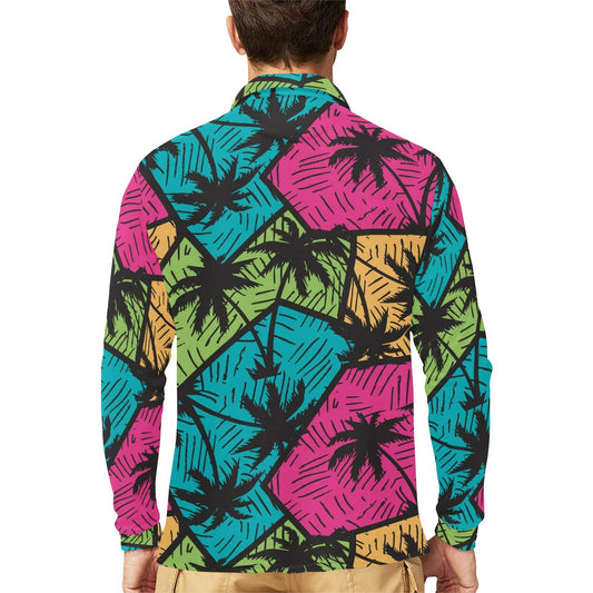 Palm Tree Pattern Print Design PT09 Long Sleeve Polo Shirt For Men's
