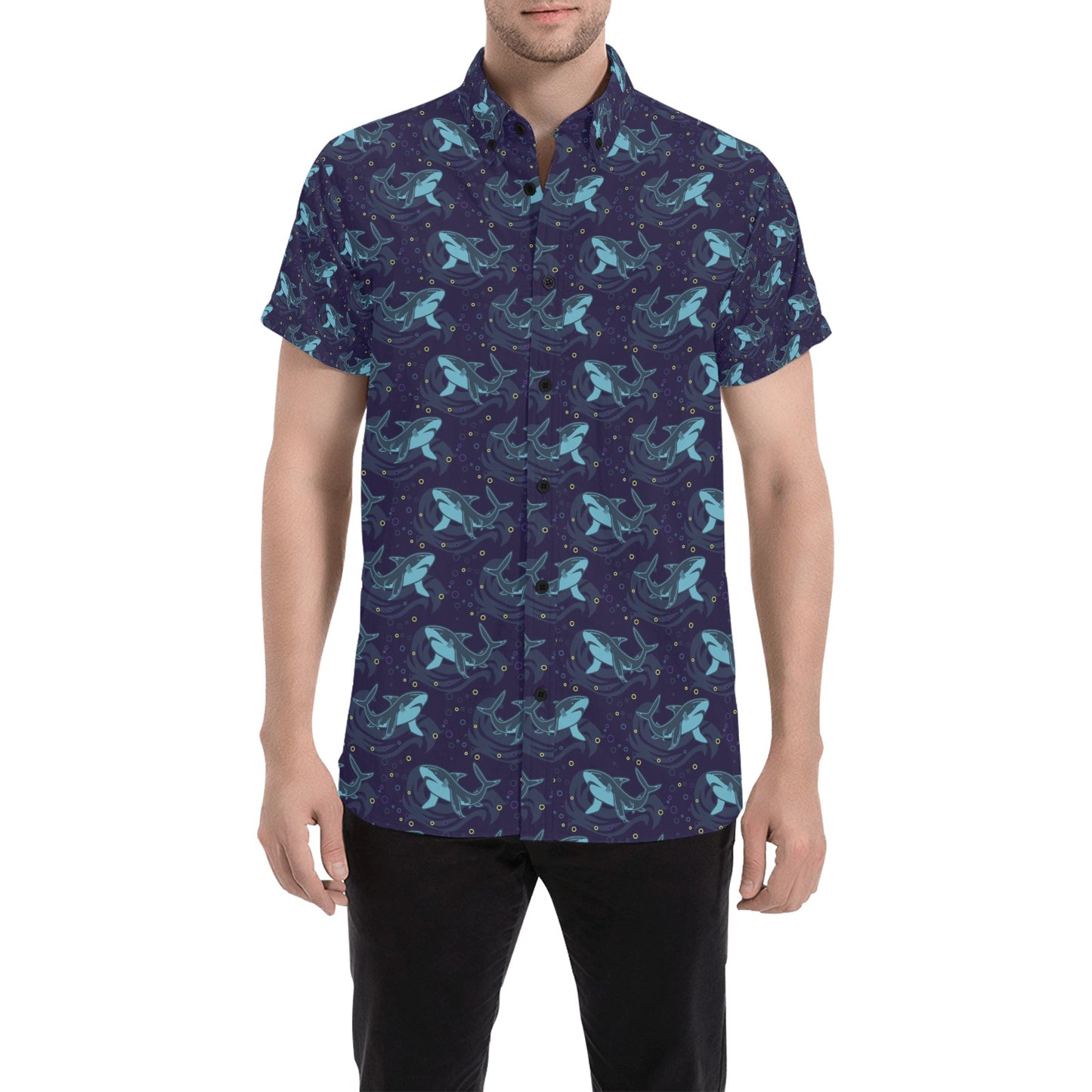 Shark Print Design LKS306 Men Short Sleeve Button Up Shirt