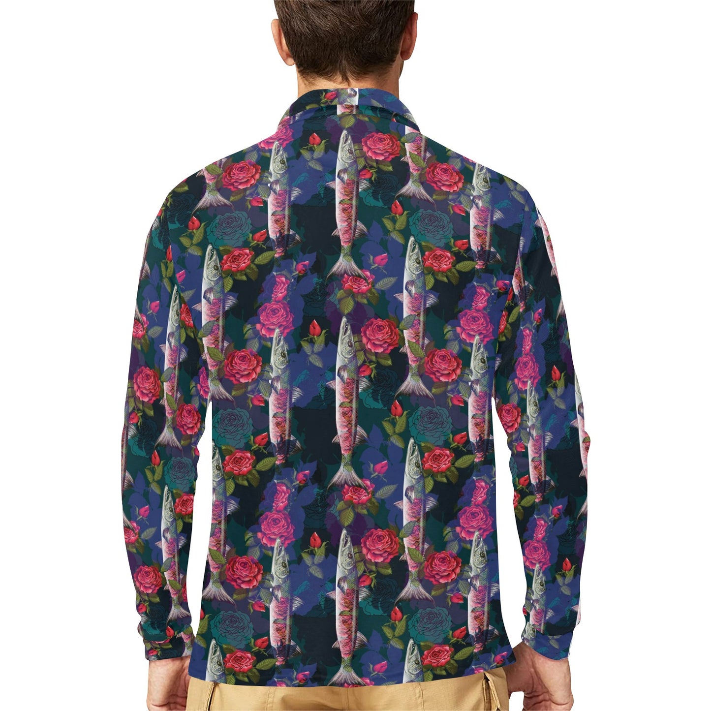Barracuda with Folwer Pattern Print Design 01 Long Sleeve Polo Shirt For Men's