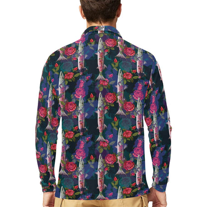 Barracuda with Folwer Pattern Print Design 01 Long Sleeve Polo Shirt For Men's