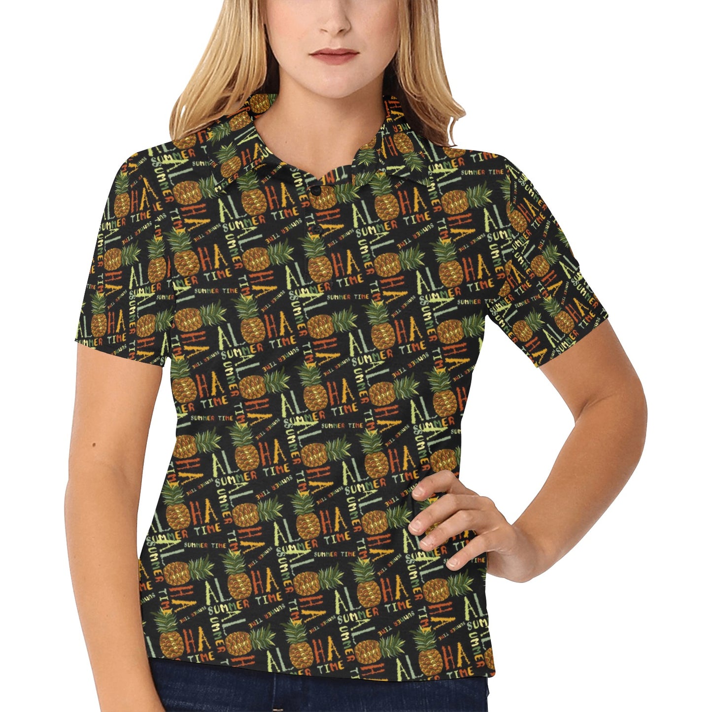 Aloha Hawaii Time Design Themed Print Women's Polo Shirt