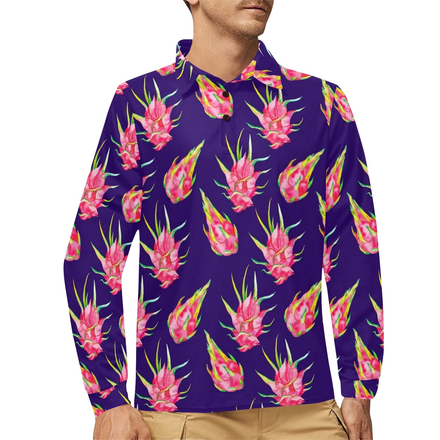 Dragonfruit Pattern Print Design DF02 Long Sleeve Polo Shirt For Men's