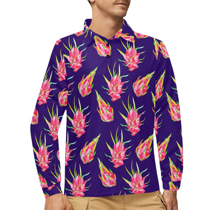 Dragonfruit Pattern Print Design DF02 Long Sleeve Polo Shirt For Men's