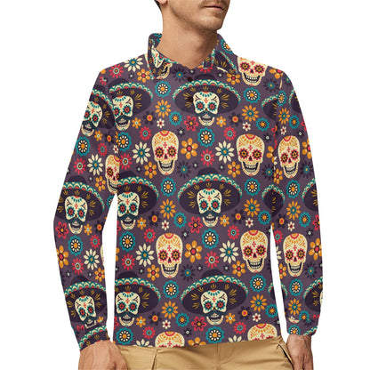 sugar skull Maxican Pattern Long Sleeve Polo Shirt For Men's